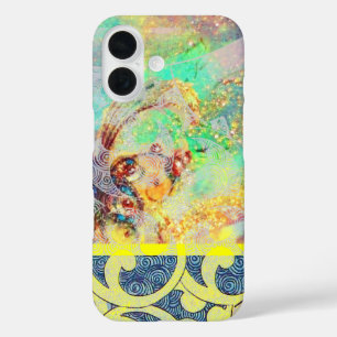 WAVES / Bright Yellow Blue Swirls in Gold Sparkles iPhone 16 Case
