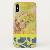 WAVES / Bright Yellow Blue Swirls in Gold Sparkles