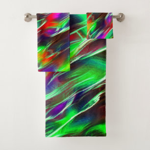 Waves coloured in green, red, lilac and purple bath towel set