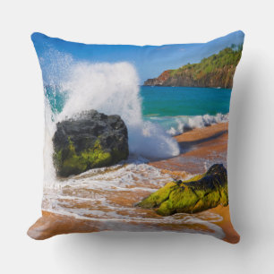 Waves crash on the beach, Hawaii Cushion
