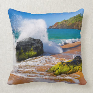 Waves crash on the beach, Hawaii Cushion