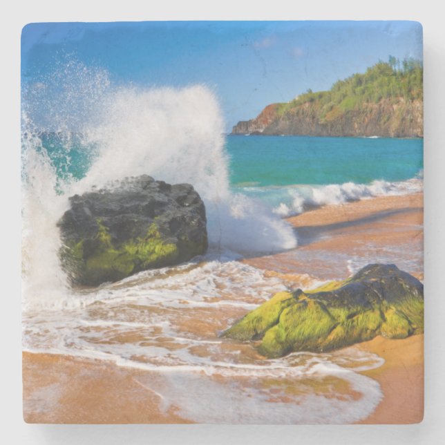 Waves crash on the beach, Hawaii Stone Coaster (Front)