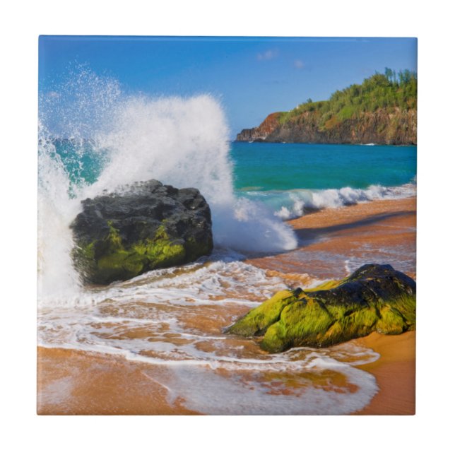 Waves crash on the beach, Hawaii Tile (Front)