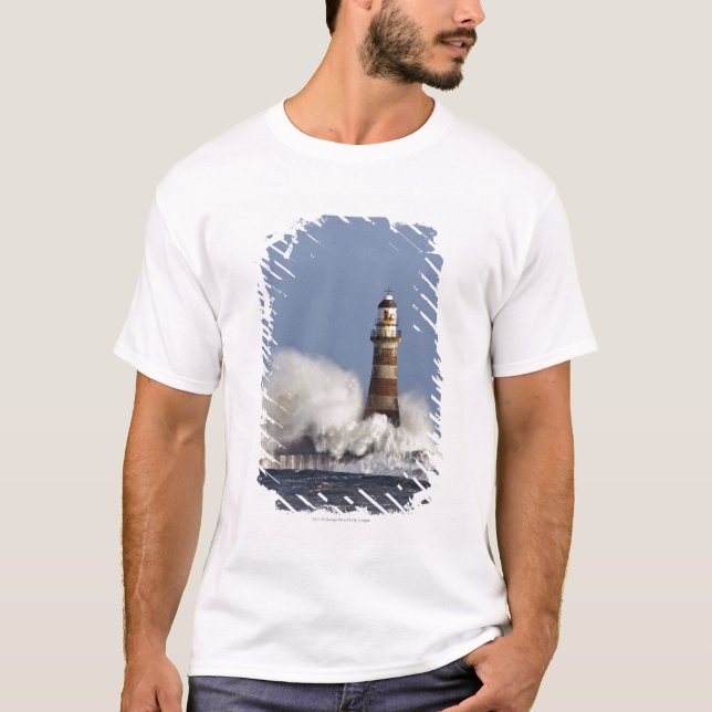 Waves Crashing Against Roker Lighthouse T-Shirt (Front)