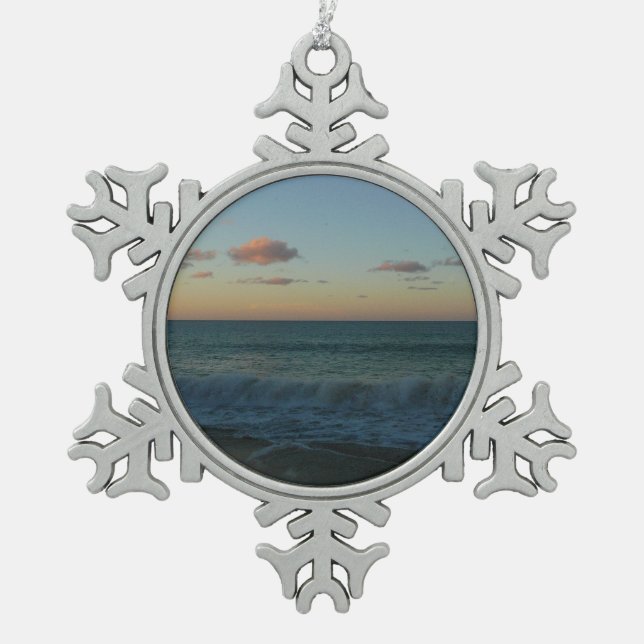 Waves Crashing at Sunset Beach Landscape Snowflake Pewter Christmas Ornament (Front)