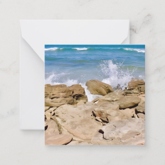 Waves crashing on rocky shore mini notecard set (Front)