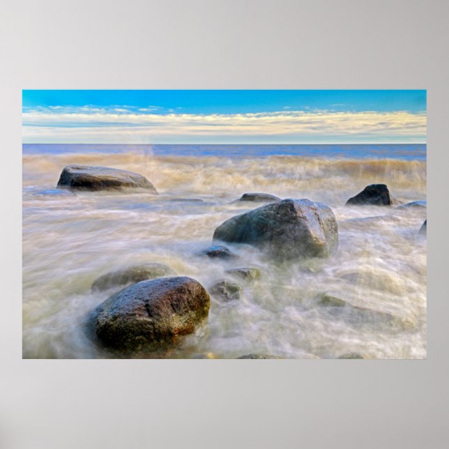 Waves crashing on shoreline rocks poster (Front)