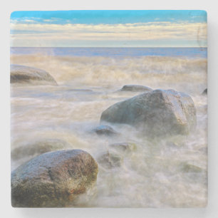 Waves crashing on shoreline rocks stone coaster