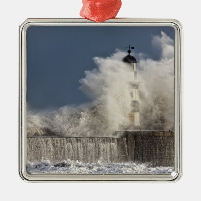 Waves Crashing Up Against A Lighthouse Metal Ornament (Front)