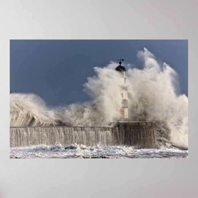 Waves Crashing Up Against A Lighthouse Poster (Front)