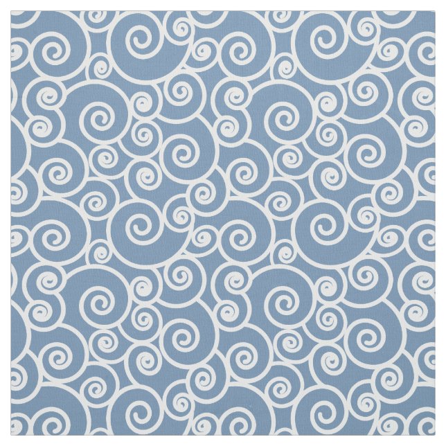 Waves, Curls and Spirals Pattern on Denim Blue Fabric (Swatch)