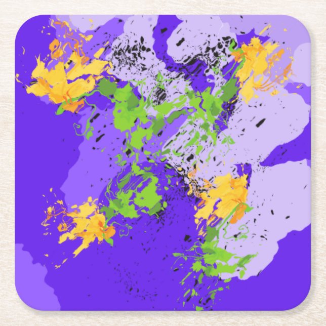 Waves Fluid Art Vibrant Swirl Design Square Paper Coaster (Front)