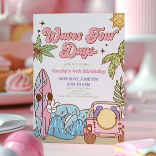 Waves Four Days Groovy Retro 4th Birthday Party Invitation