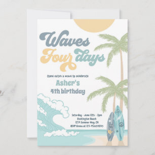 Waves Four Days Retro Surf Beach 4th Birthday Invitation