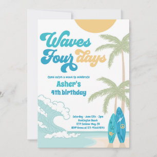 Waves Four Days Retro Surf Beach 4th Birthday Invitation