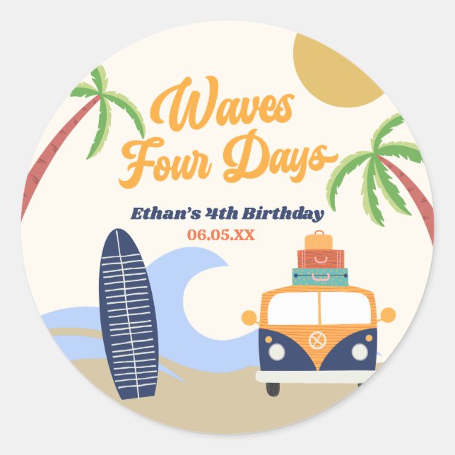 Waves Four Days Surf Board 4th Birthday Party Classic Round Sticker (Front)