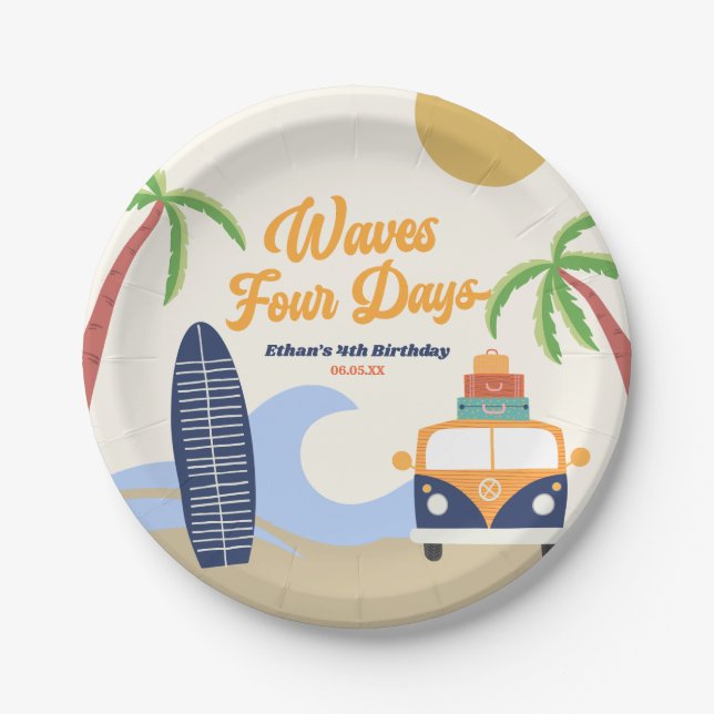 Waves Four Days Surf Board Blue 4th Birthday Party Paper Plate (Front)