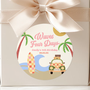 Waves Four Days Surf Board Pink 4th Birthday Party Classic Round Sticker