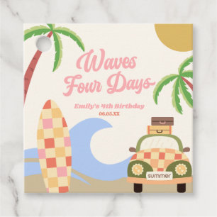 Waves Four Days Surf Board Pink 4th Birthday Party Favour Tags