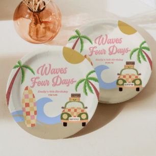 Waves Four Days Surf Board Pink 4th Birthday Party Paper Plate