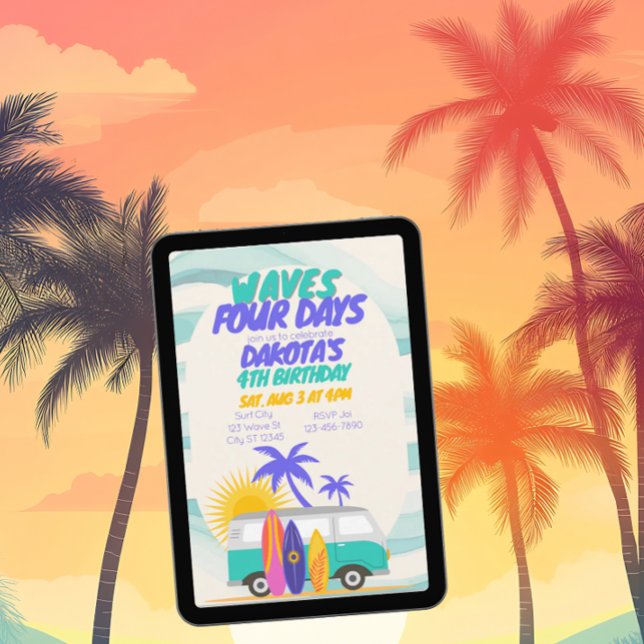 Waves Four Days Surf Van 4th Birthday Invitation (Creator Uploaded)