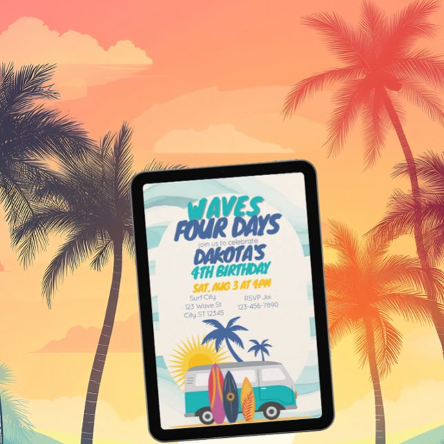 Waves Four Days Surf Van 4th Birthday Invitation (Creator Uploaded)