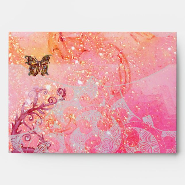 WAVES / GOLD BUTTERFLY IN PINK SPARKLES AND SWIRLS ENVELOPE (Front)