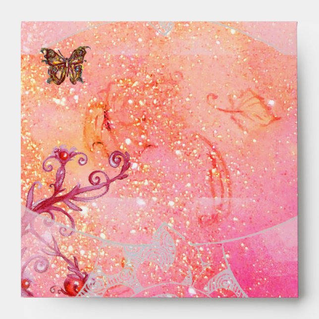 WAVES / GOLD BUTTERFLY IN PINK SPARKLES AND SWIRLS ENVELOPES (Front)