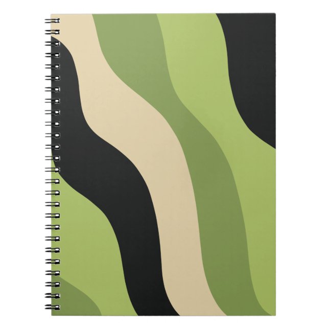 waves, green, black and beige curves colourful notebook (Front)