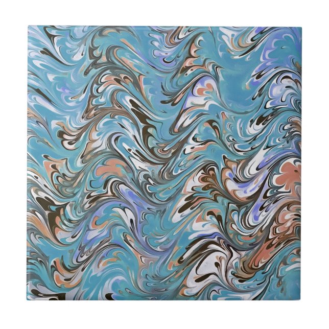 Waves In Blue Acrylic Pour Abstract Art Ceramic Tile (Front)