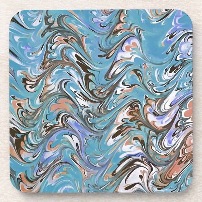 Waves In Blue Acrylic Pour Abstract Art Coaster (Front)