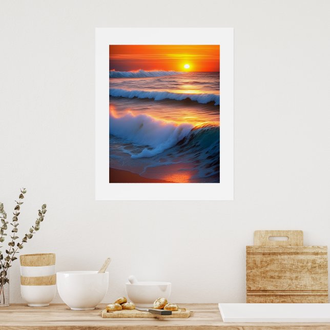 Waves In The Ocean with sunset Poster (Kitchen)