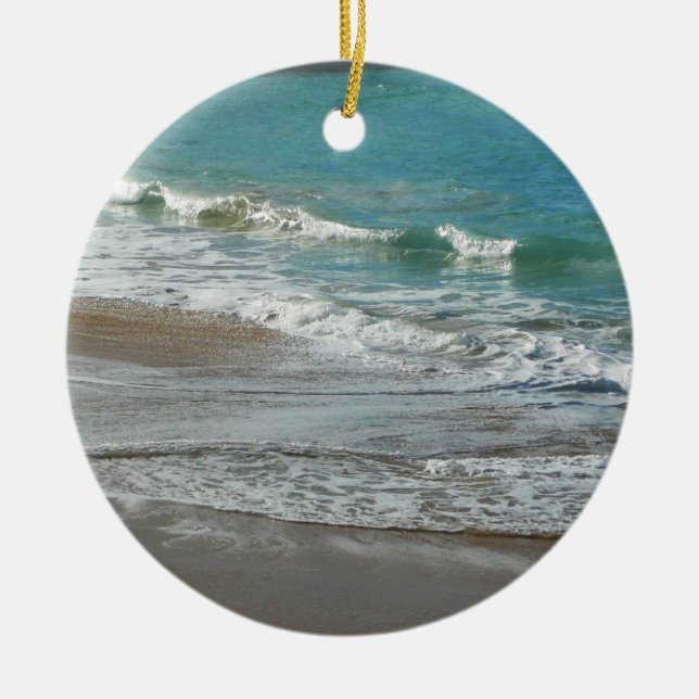 Waves Lapping on the Beach Turquoise Blue Ocean Ceramic Ornament (Front)