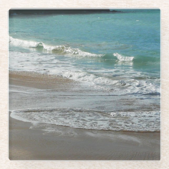 Waves Lapping on the Beach Turquoise Blue Ocean Glass Coaster (Front)