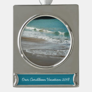 Waves Lapping on the Beach Turquoise Blue Ocean Silver Plated Banner Ornament