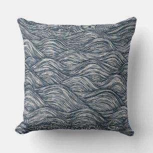 Waves line art in indigo cushion