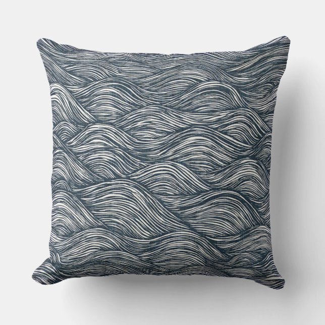 Waves line art in indigo cushion (Front)