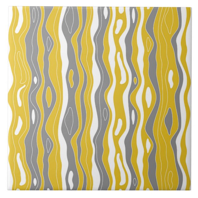Waves, lines, mustard yellow, grey, white ceramic tile (Front)