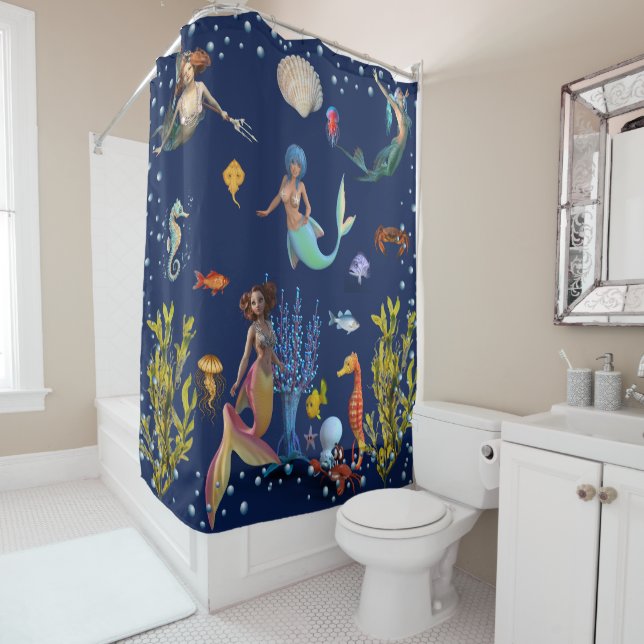 waves mermaids  drawing shower curtain (In Situ)
