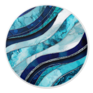 Waves - Mixed Media Blue Abstract Ceramic Knob