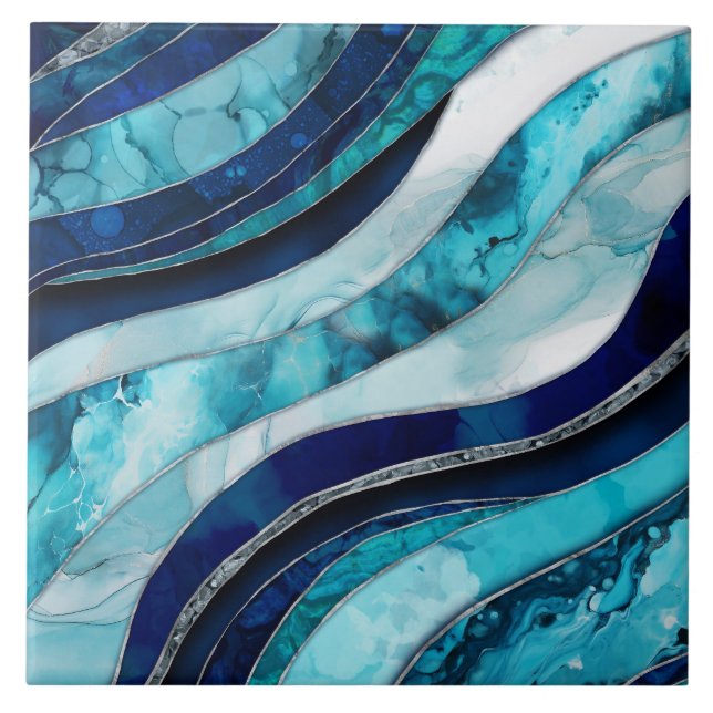 Waves - Mixed Media Blue Abstract Ceramic Tile (Front)