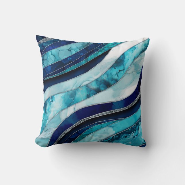 Waves - Mixed Media Blue Abstract Cushion (Front)