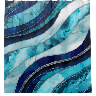 Waves - Mixed Media Blue Abstract Shower Curtain