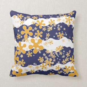 Waves, navy blue, mustard yellow, white, flower cushion