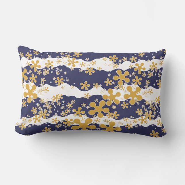 Waves, navy blue, mustard yellow, white, flower lumbar cushion (Front)