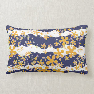 Waves, navy blue, mustard yellow, white, flower lumbar cushion