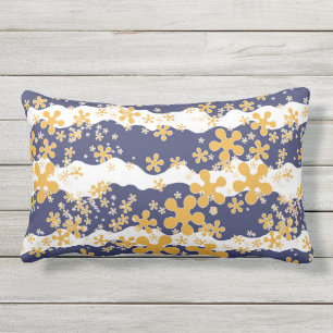Waves, navy blue, mustard yellow, white, flower lumbar cushion