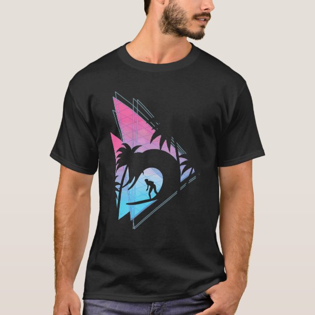 Waves Ocean Surfer Synthwave Palm Trees Vaporwave  T-Shirt (Front)