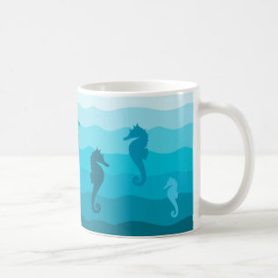 Waves of Aqua, Ocean blue print, Sea horse Coffee Mug