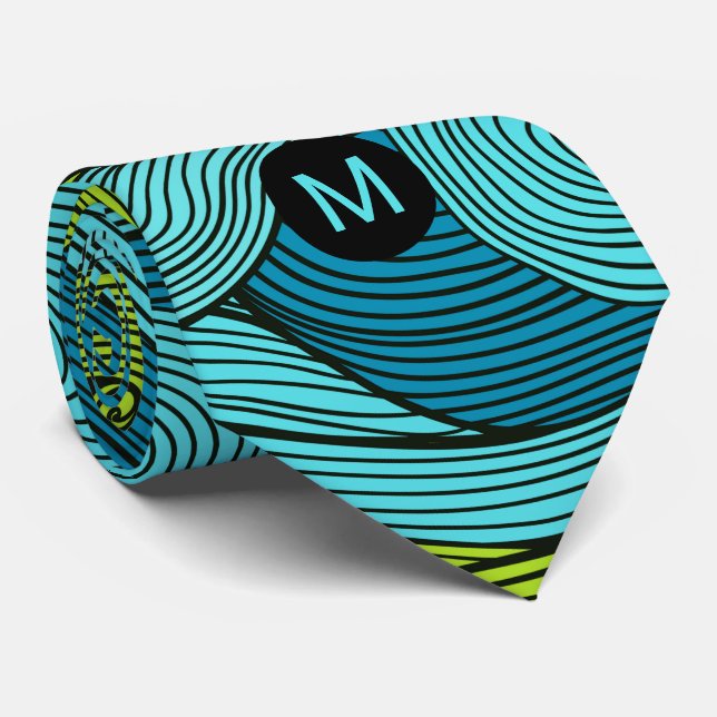 Waves of Blue and Lime Green with Monogram Tie (Rolled)